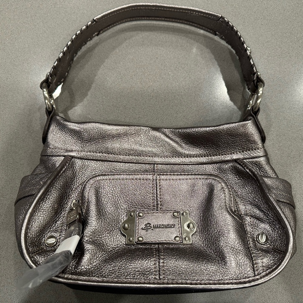NWOT B. Makowsky Metallic Silver Pebbled Leather Hobo Bag